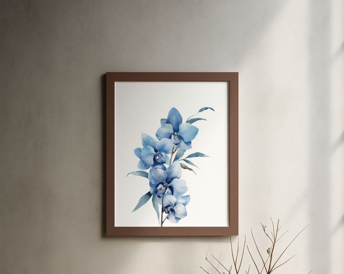 Blue Orchid Flower Stem Elegant Watercolour Botanical Flower Poster