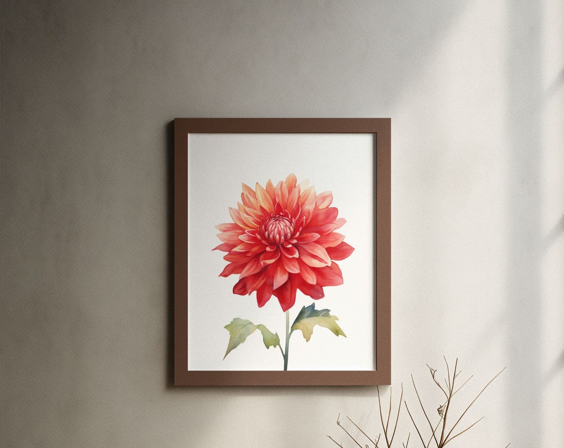 Bright Flame Dahlia Red Orange Watercolour Botanical Art Poster
