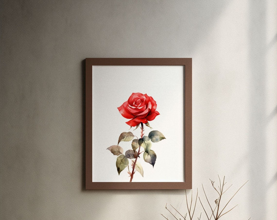 Classic Red Rose Single Stem Watercolour Botanical Flower Poster