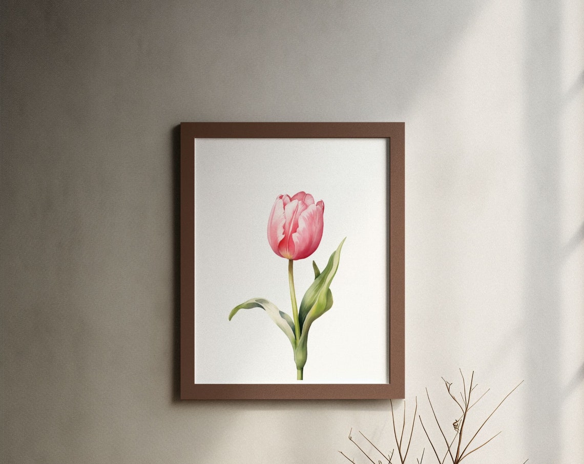 Pink Tulip Single Stem Minimalist Watercolor Floral Botanical Poster