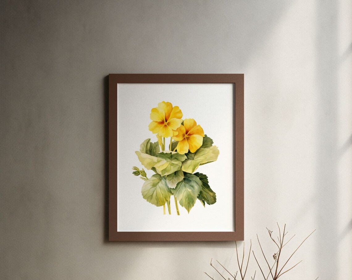 Yellow Primrose Flowering Stem Watercolour Botanical Flower Poster
