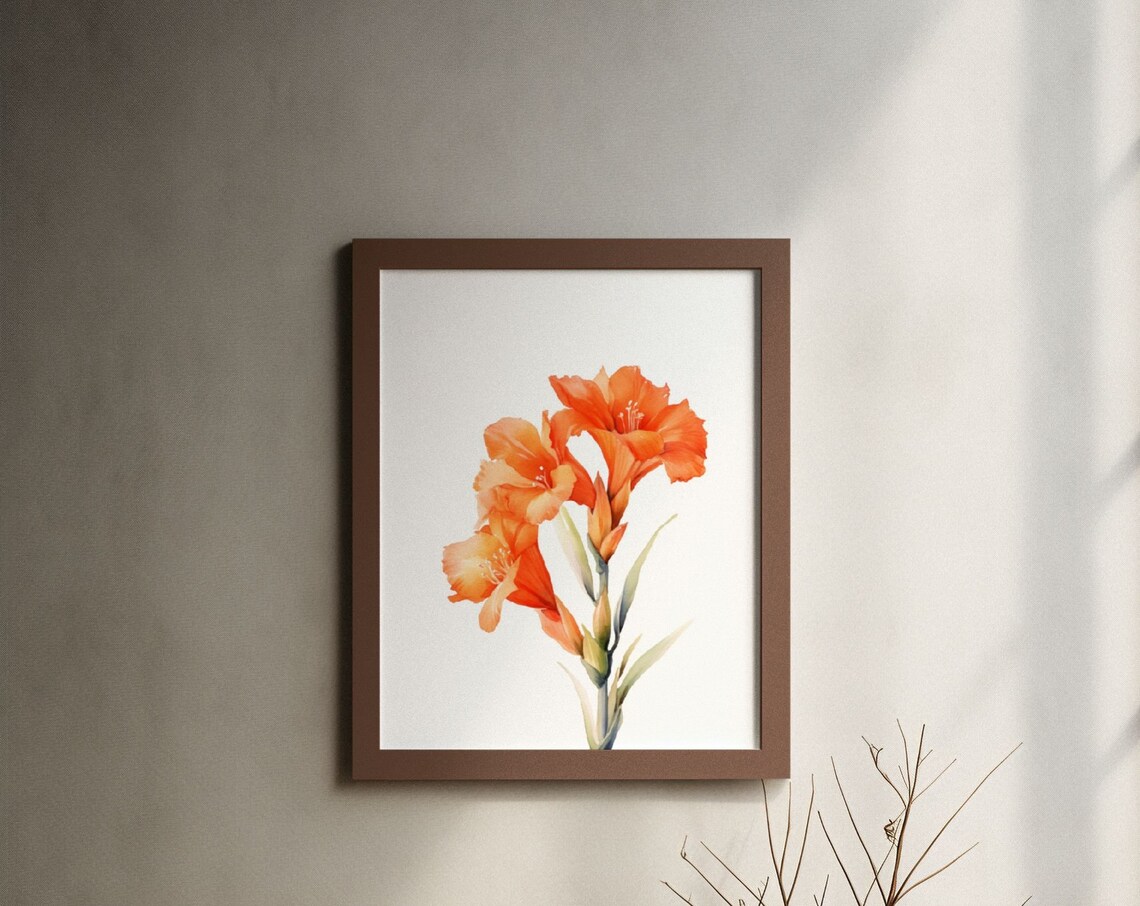 Orange Gladiolus Spike Vibrant Watercolor Floral Botanical Poster