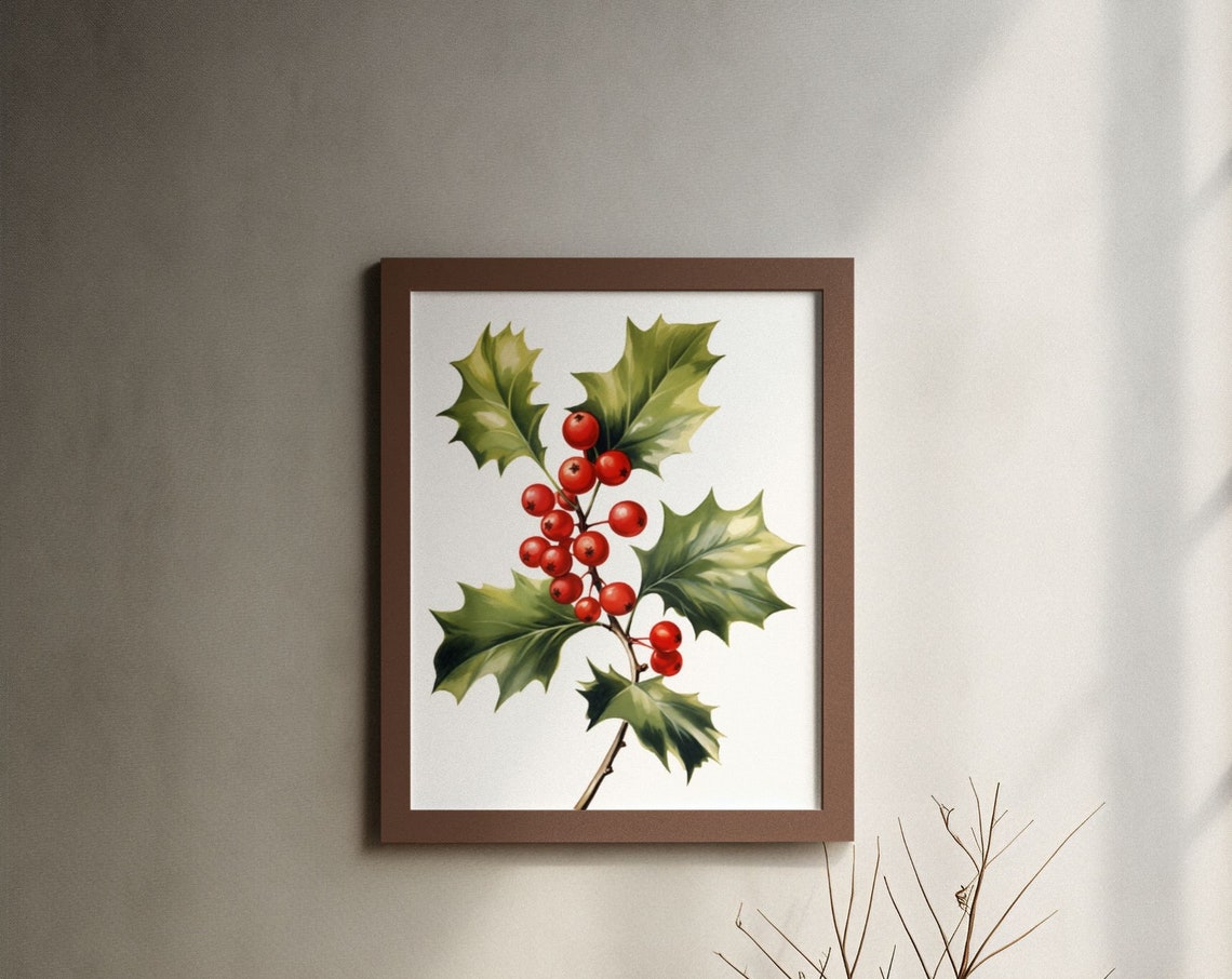 Holly Sprig With Dense Red Berries Festive Watercolor Poster