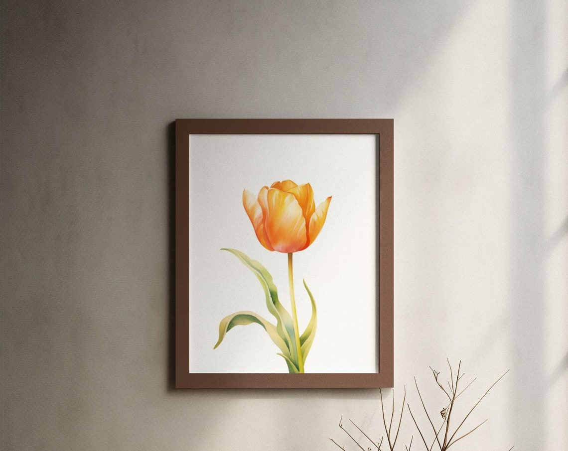 Orange Tulip Single Flower Watercolour Botanical Flower Poster