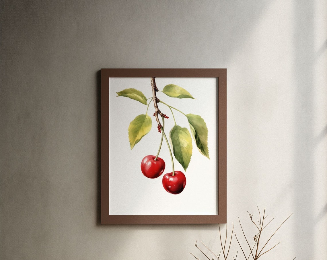 Red Cherries on Branch Vintage Watercolour Botanical Fruit Poster