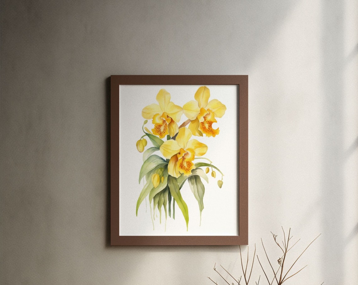 Yellow Orchid Triple Bloom Watercolour Botanical Flower Poster