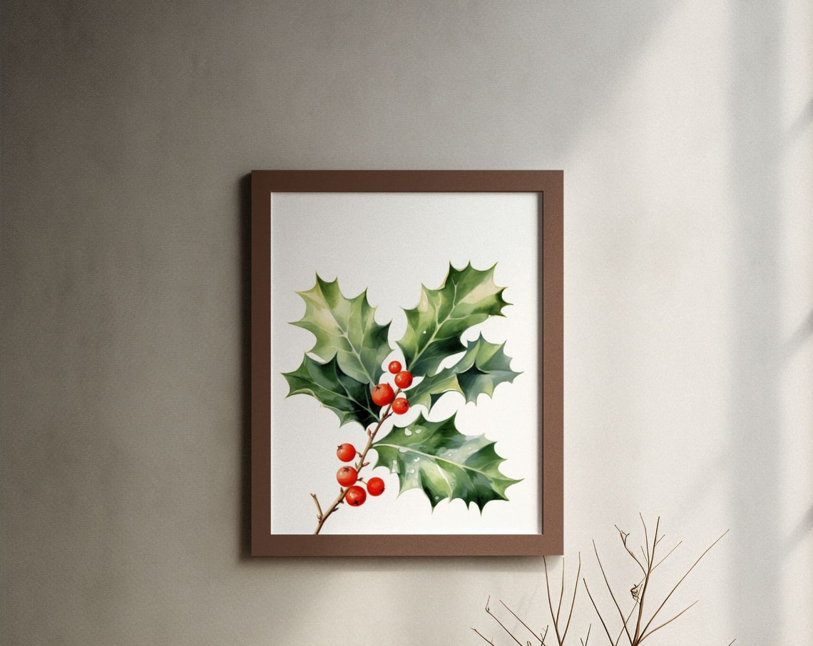 Holly Branch With Red Berries Classic Festive Watercolor Art Poster