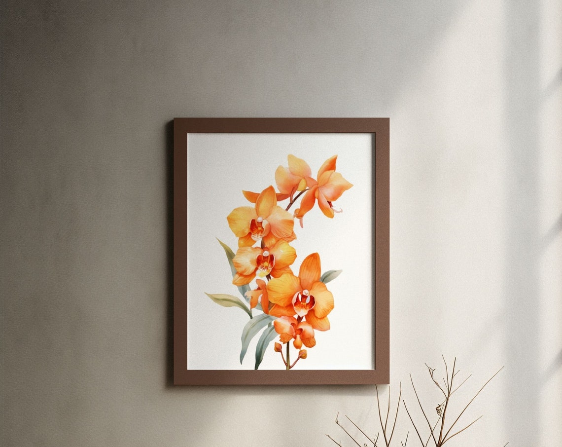 Orange Orchid Blossom Spray Watercolour Botanical Flower Poster