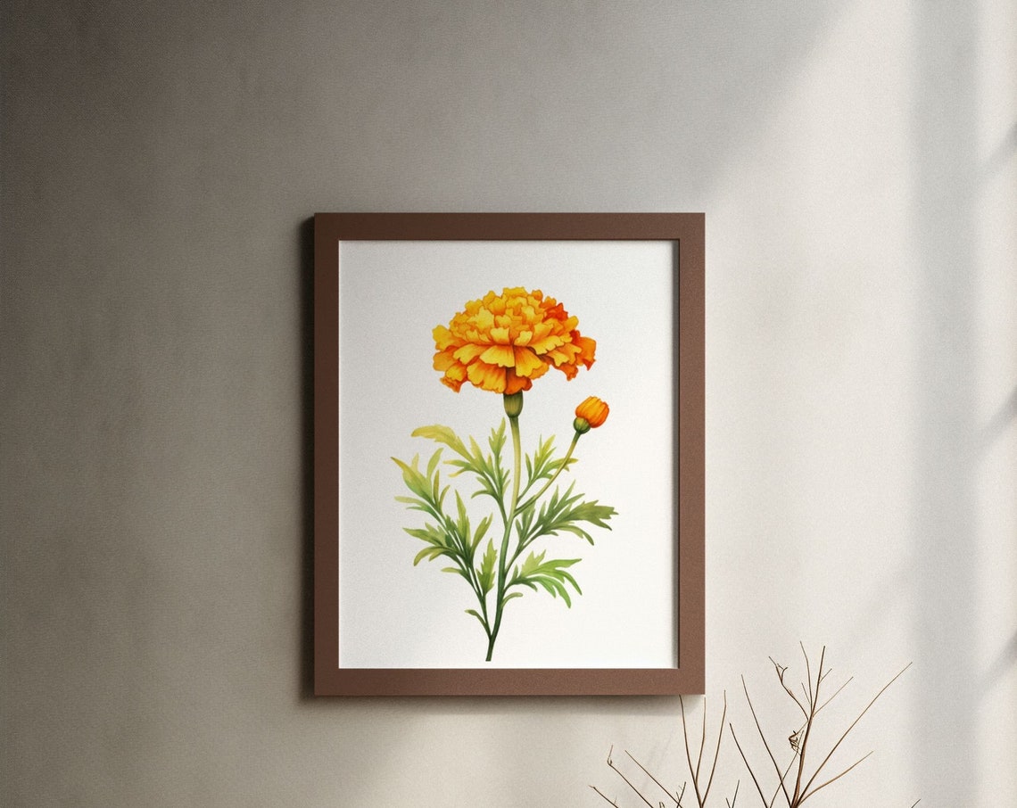 Golden Marigold Bloom Vintage Botanical Watercolour Art Poster