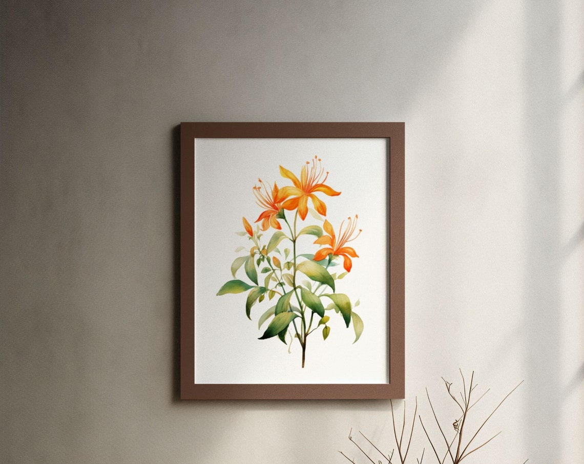 Orange Honeysuckle Sprig Delicate Watercolor Floral Botanical Poster