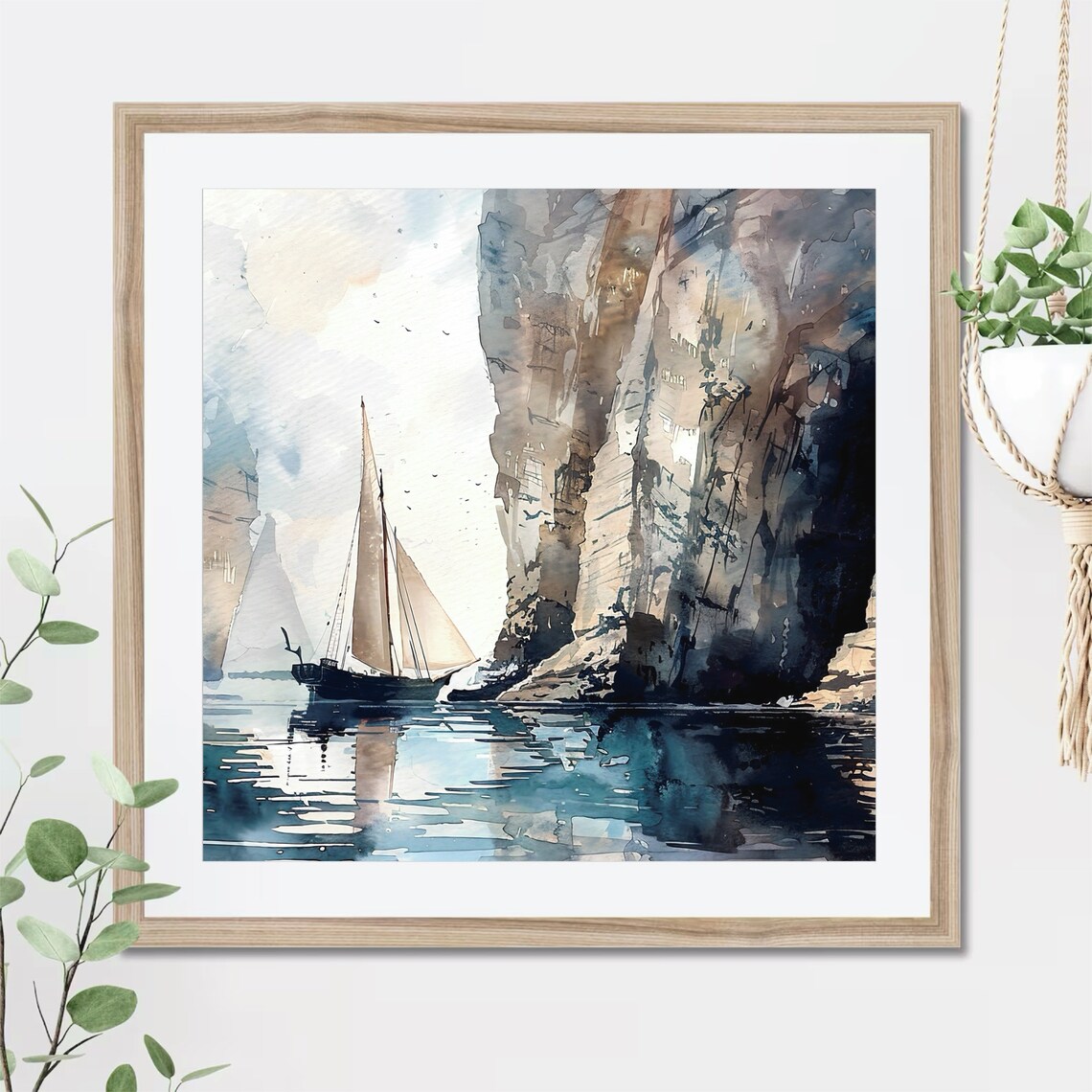 Sailboat Reflection Watercolor with Dark Cliffs and Teal Sea Poster - Image 2