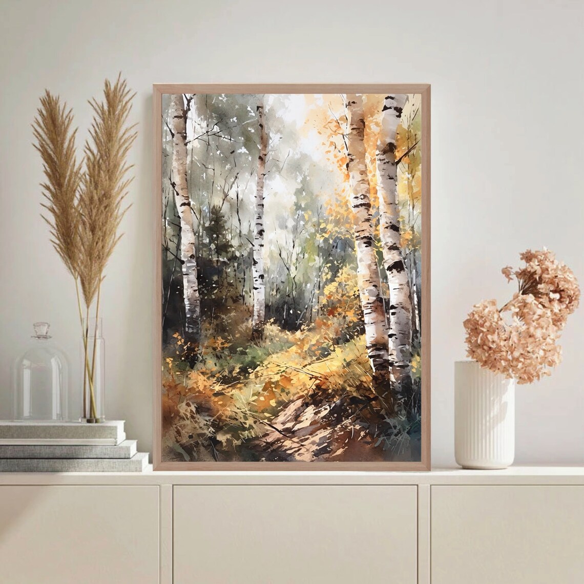 Autumn Birch Grove Golden Ferns Woodland Watercolor Painting Poster - Image 4