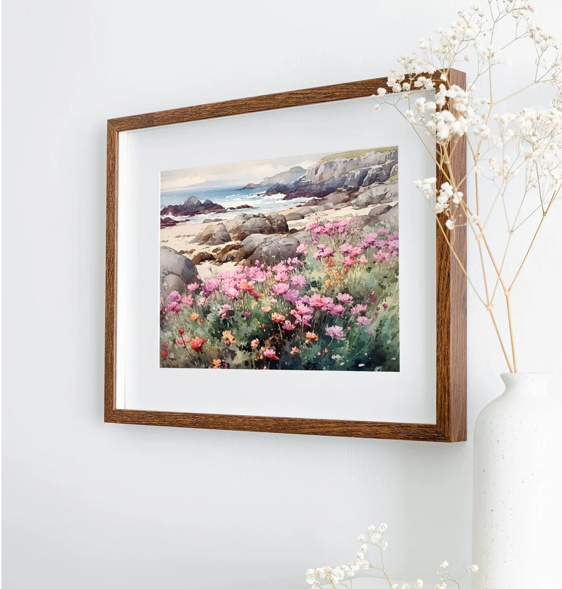 Coastal Cliffs Watercolor with Pink Wildflowers and Beach Poster - Image 5
