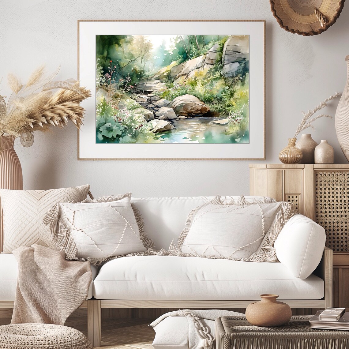 Forest Pond Watercolor Sunlit Stream Boulders Wildflowers Art Poster - Image 3