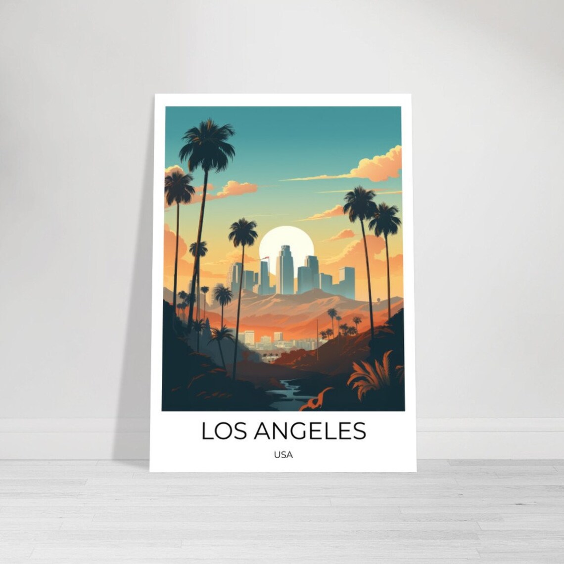 Los Angeles Skyline Sunset Palm Silhouette Travel Art Poster