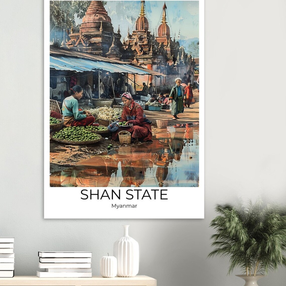 Shan State Myanmar Street Market Stupas Watercolor Travel Poster - Image 3