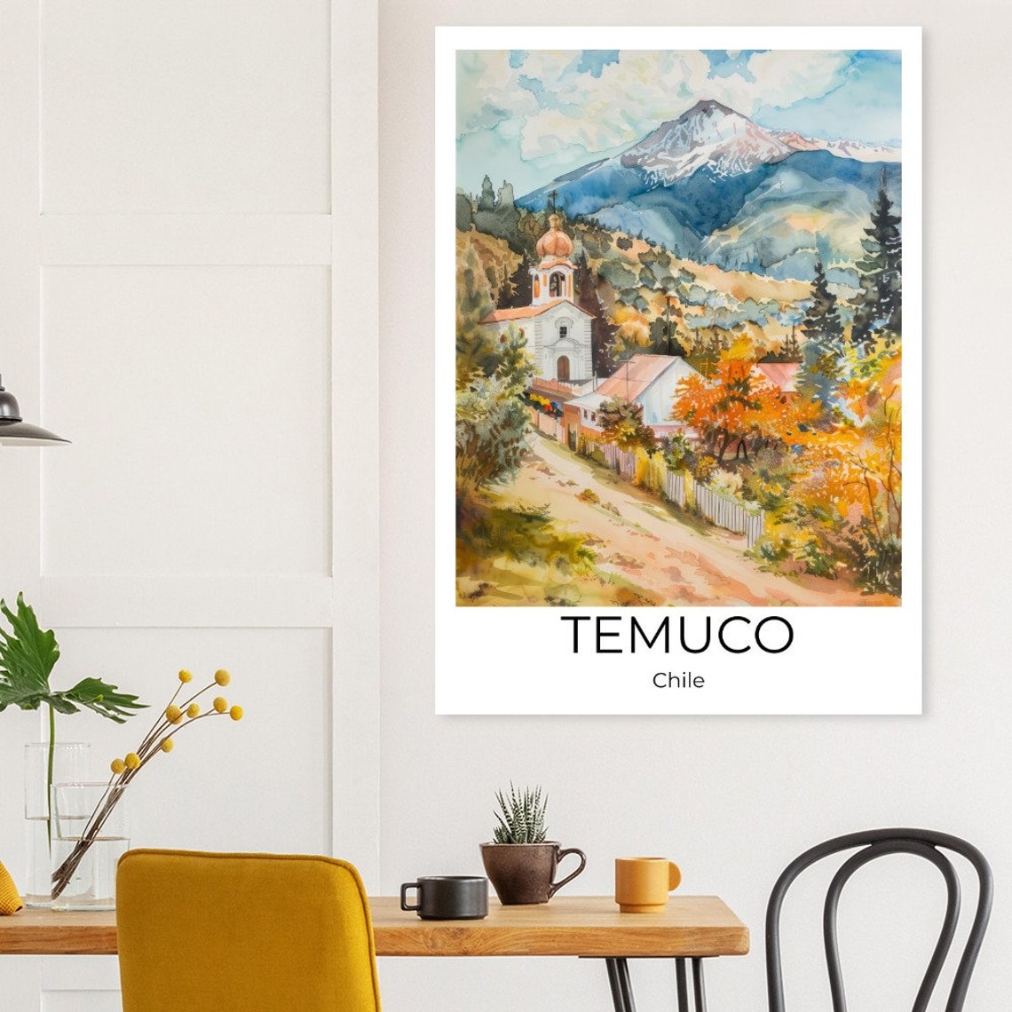 Temuco Chile Snowy Volcano Village Watercolor Street Scene Poster - Image 3