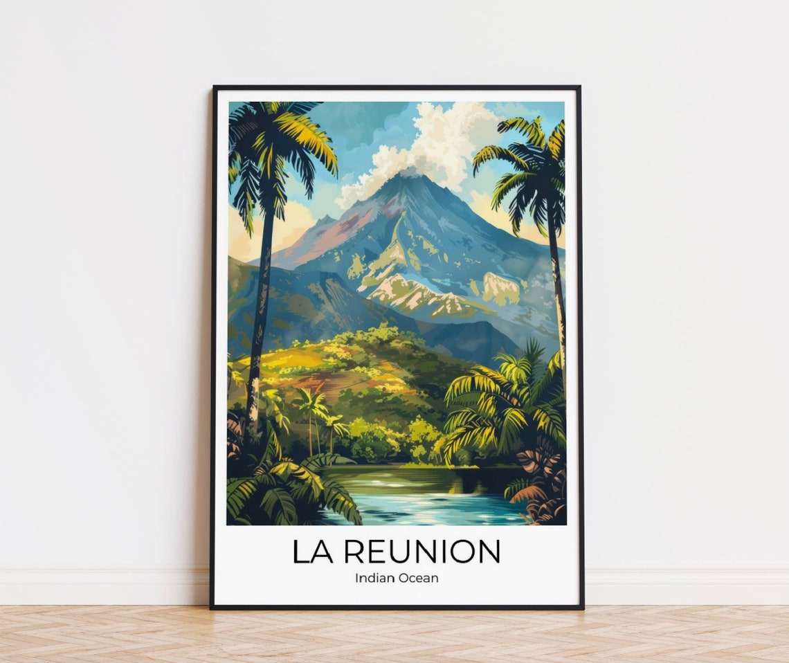 La Reunion Indian Ocean Volcano Peak Palm Forest Scene Poster