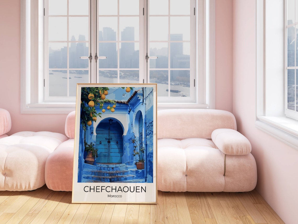 Chefchaouen Morocco Travel Poster Blue City Door Lemon Tree Scene Art - Image 4