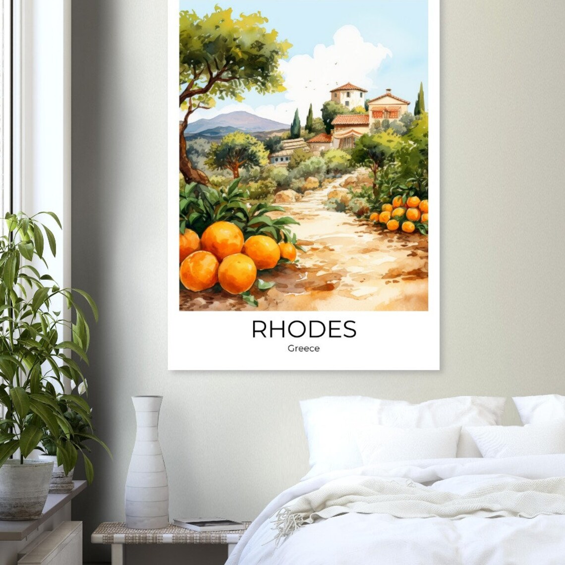 Rhodes Greece Orange Grove Watercolor Village Landscape Poster - Image 3