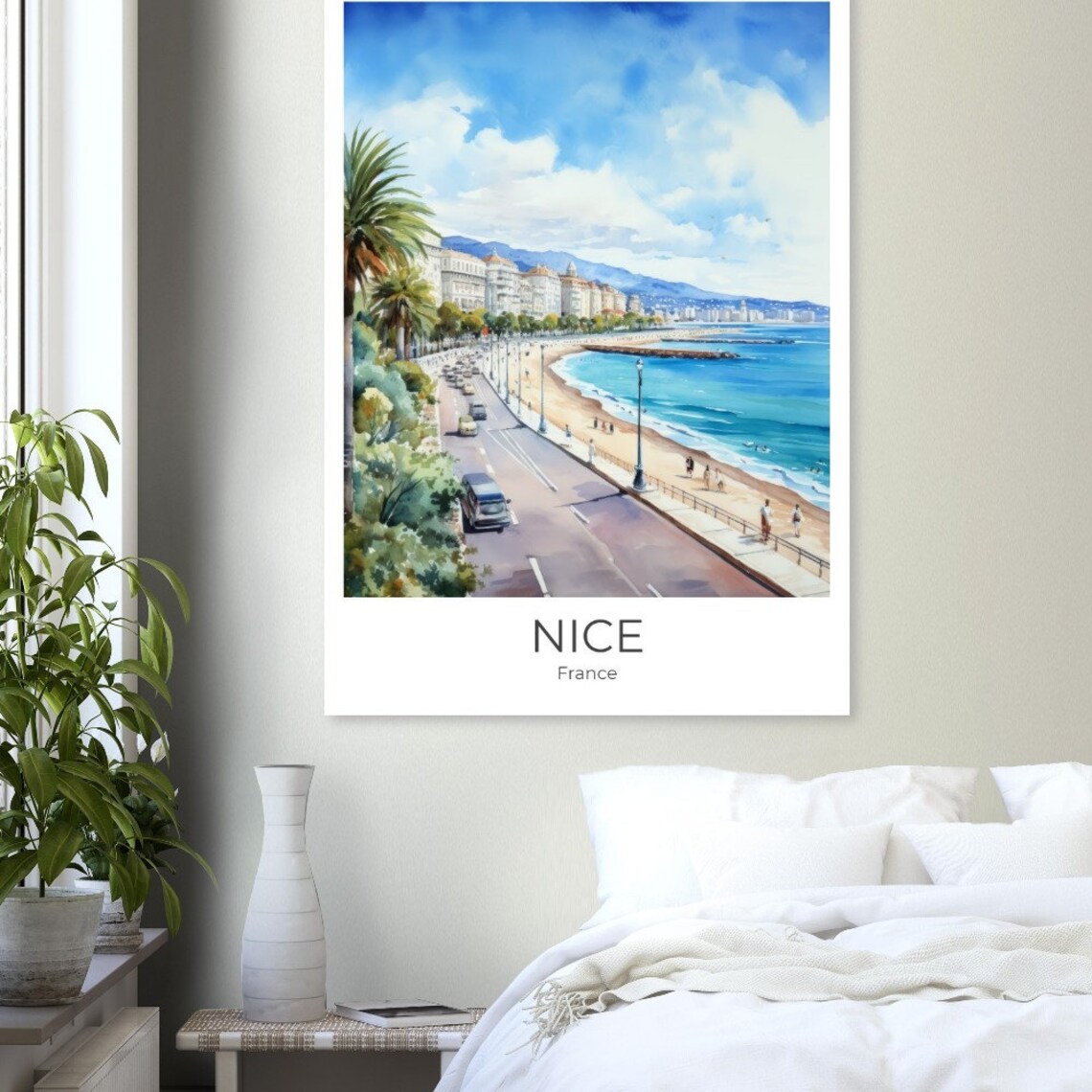 Nice France Sunny Beach Promenade Palms Watercolor Travel Poster - Image 2