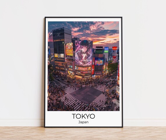 Tokyo Japan Shibuya Crossing Sunset Crowd and Billboards Poster