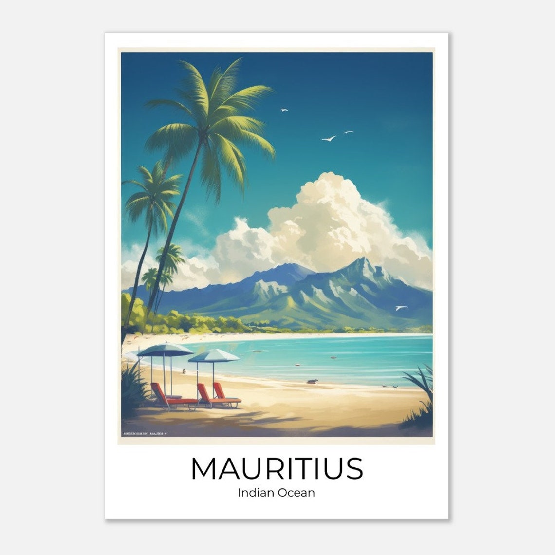 Mauritius Beach Palm Trees Mountain Retro Indian Ocean Travel Poster - Image 4