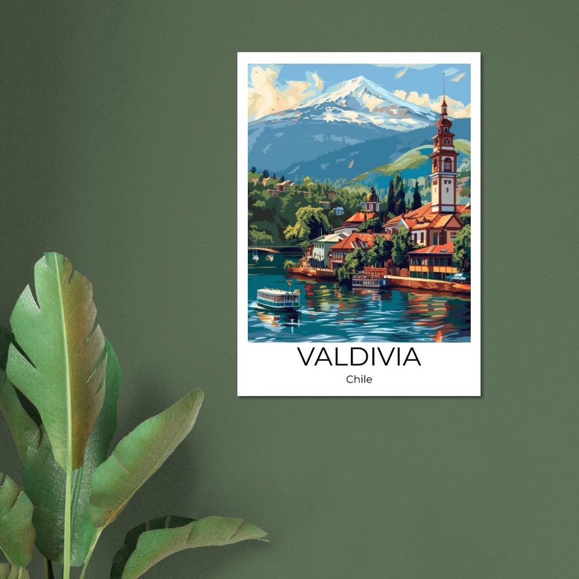 Valdivia Chile Riverside Clock Tower Snowy Volcano Travel Poster - Image 4