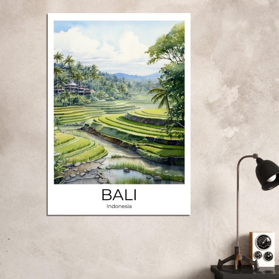 Bali Indonesia Watercolor Rice Terraces River Travel Art Poster - Image 2