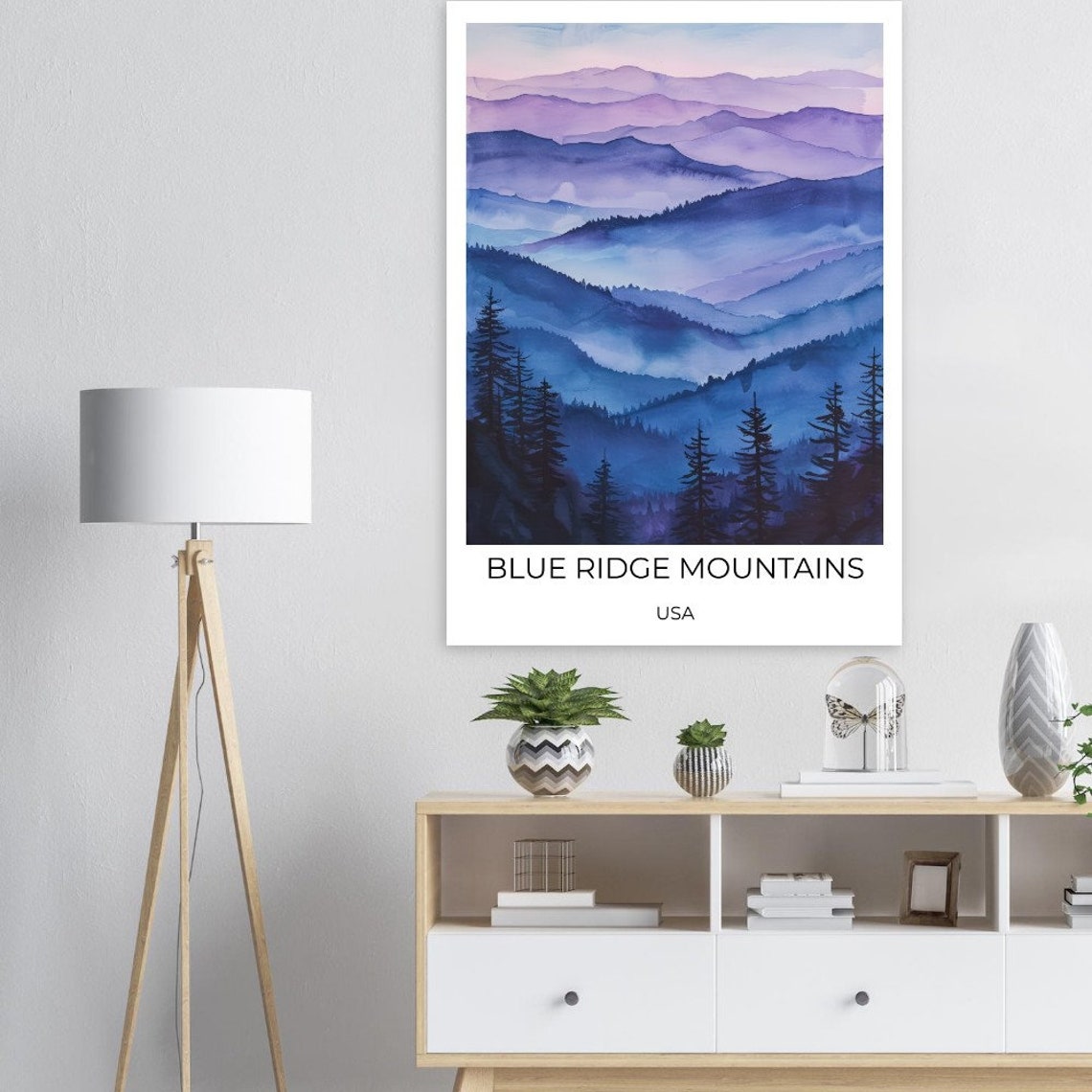 Blue Ridge Mountains USA Purple Dusk Pine Forest Watercolor Art Poster - Image 4