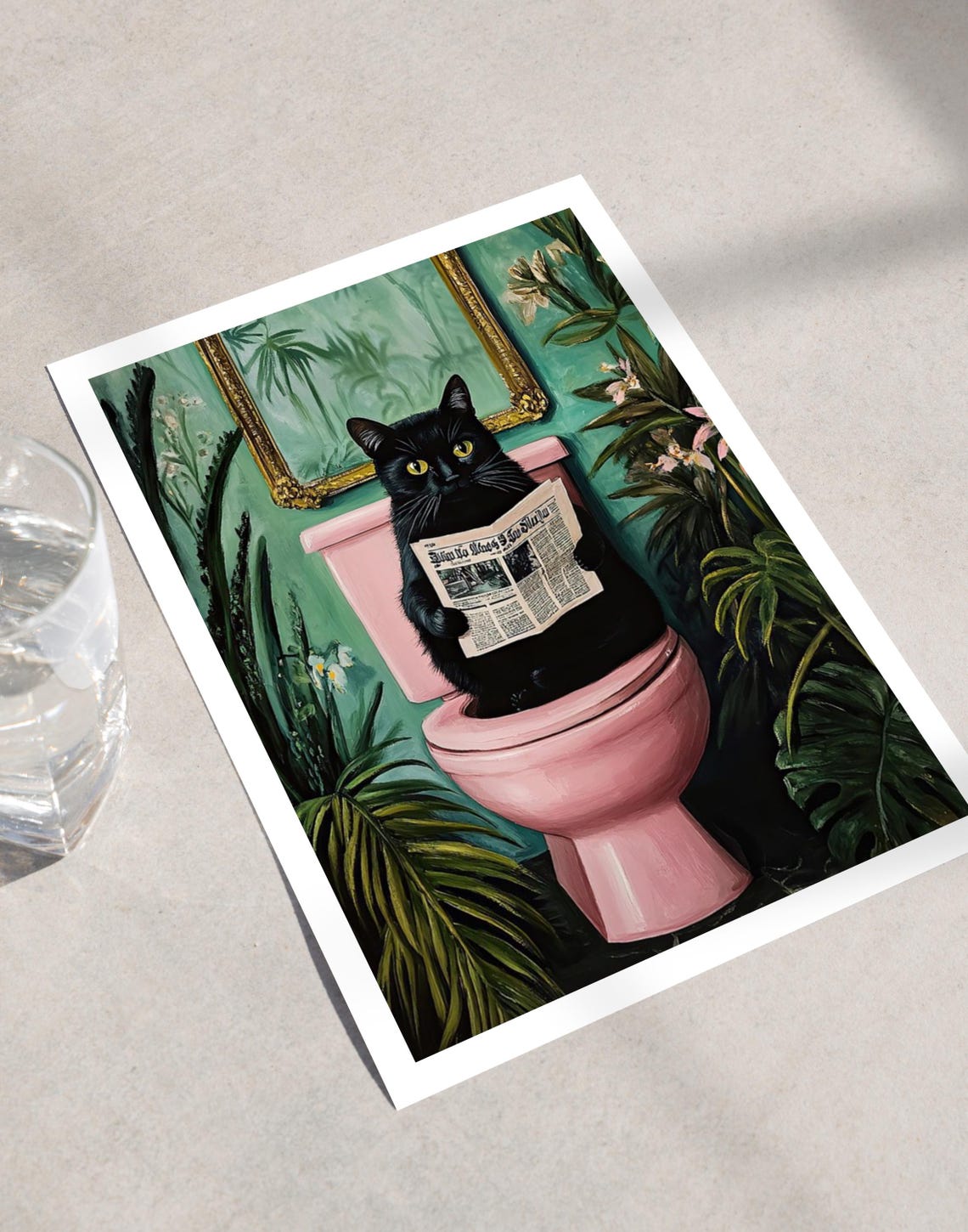 Black Cat Reading Newspaper on Pink Toilet Funny Bathroom Poster - Image 2