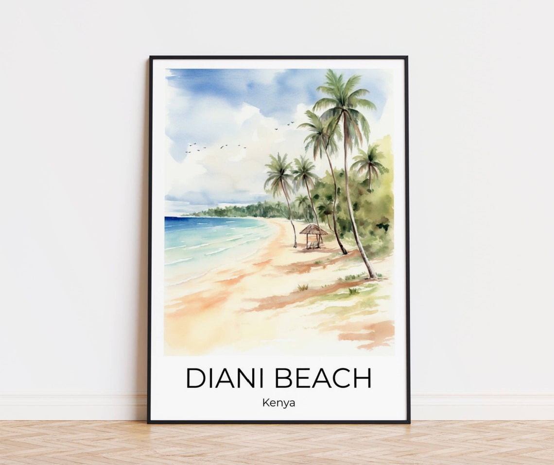 Diani Beach Kenya Watercolor Palm Trees and Thatched Hut Shore Poster