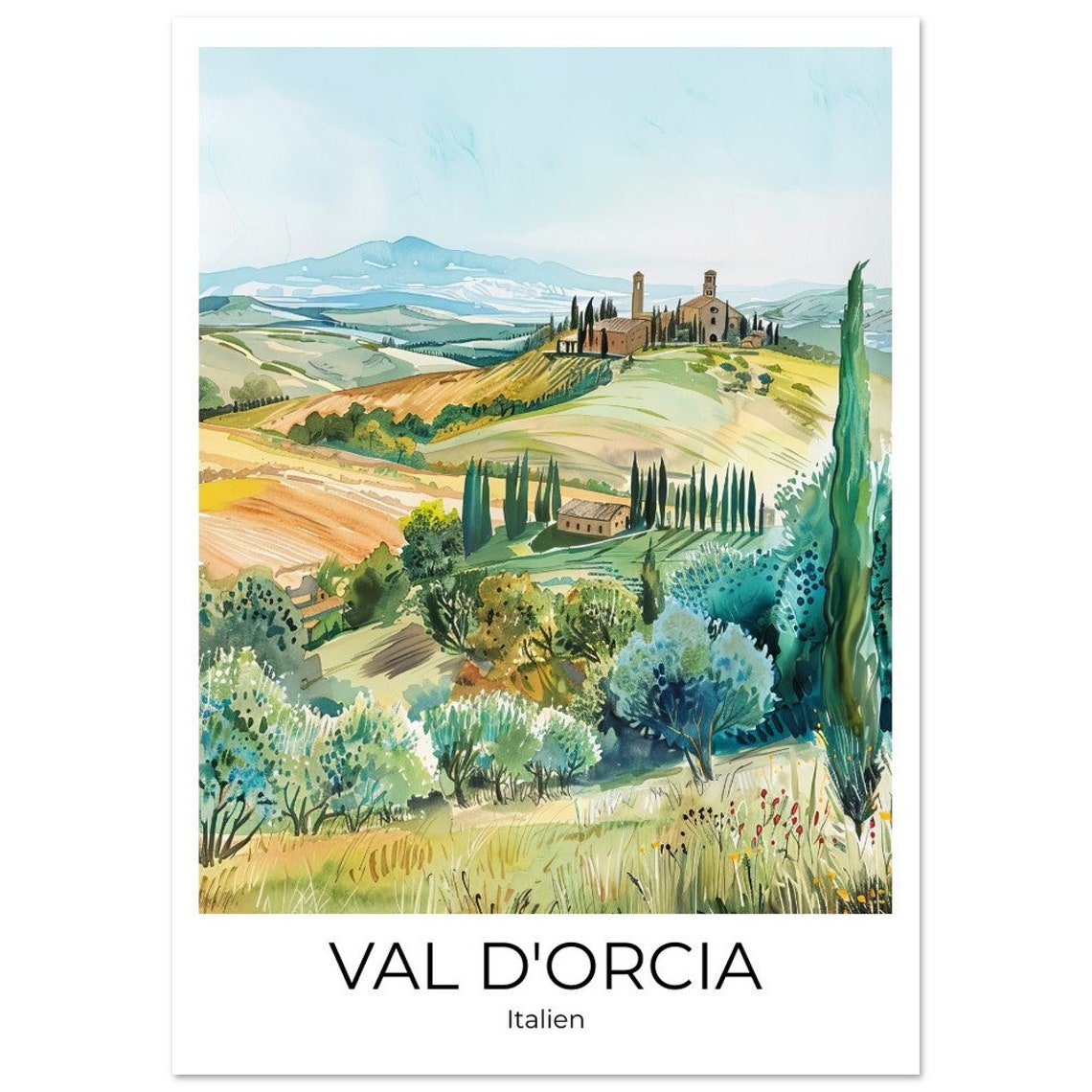 Val d'Orcia Watercolor Olive Groves Farmhouse Tuscany Italy Poster - Image 2