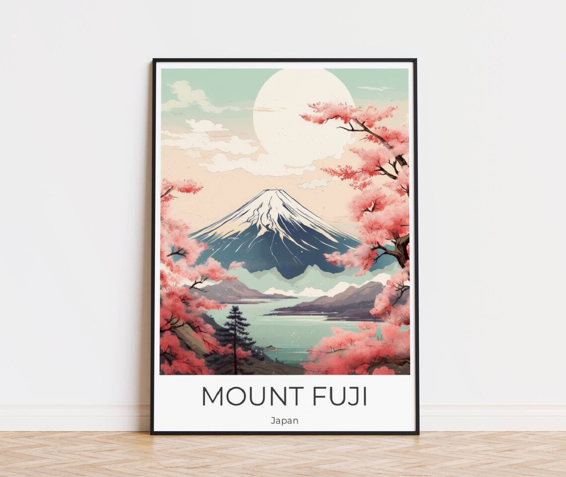 Mount Fuji Japan Snow Capped Peak Cherry Blossom Sun Travel Poster