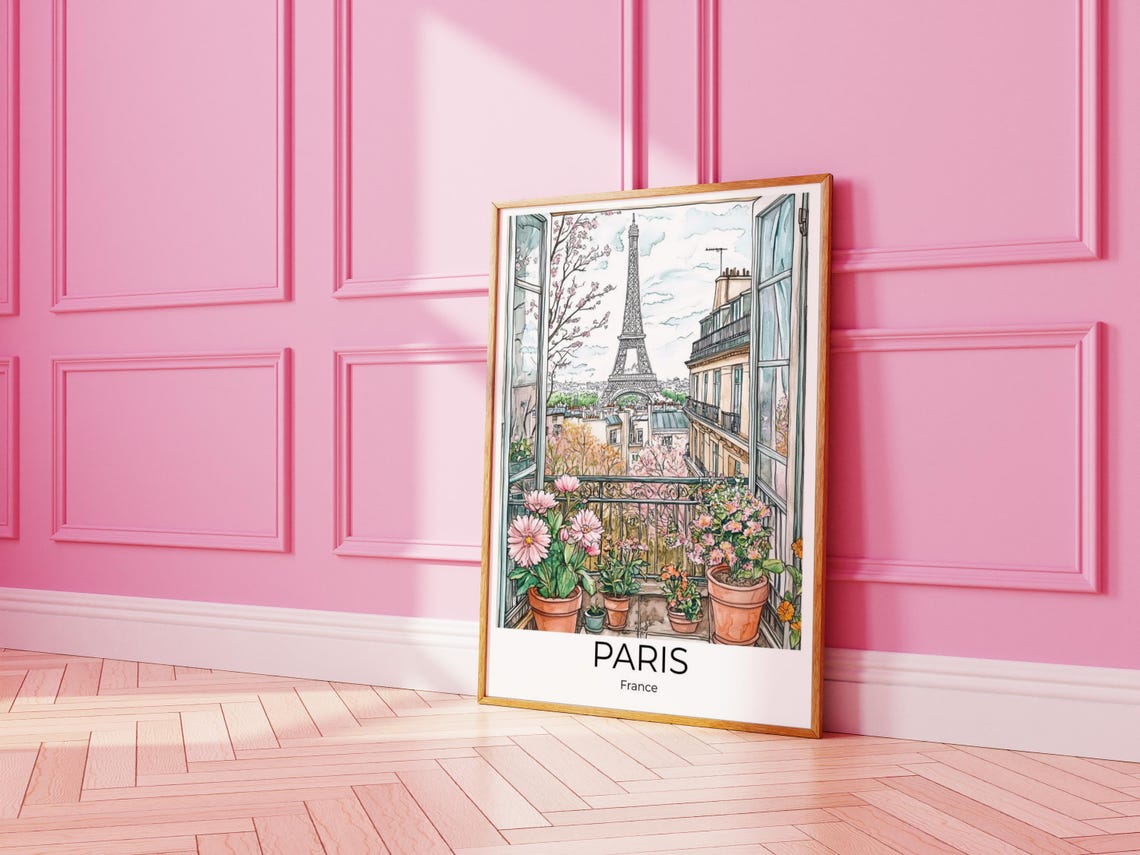 Paris Eiffel Tower Balcony Flower View French City Watercolor Poster - Image 4