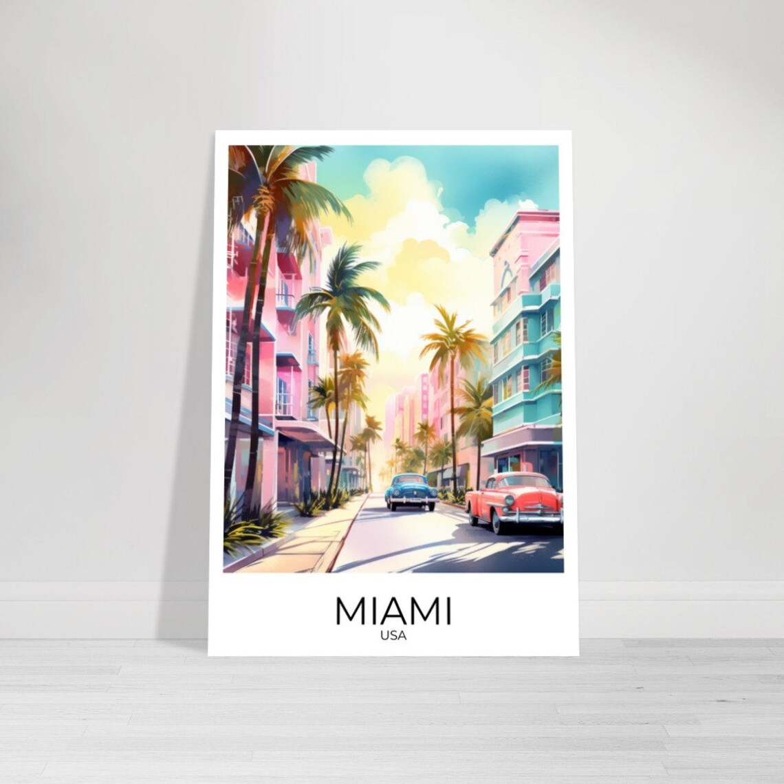 Miami USA Pastel Street Scene With Classic Cars and Palms Poster - Image 3