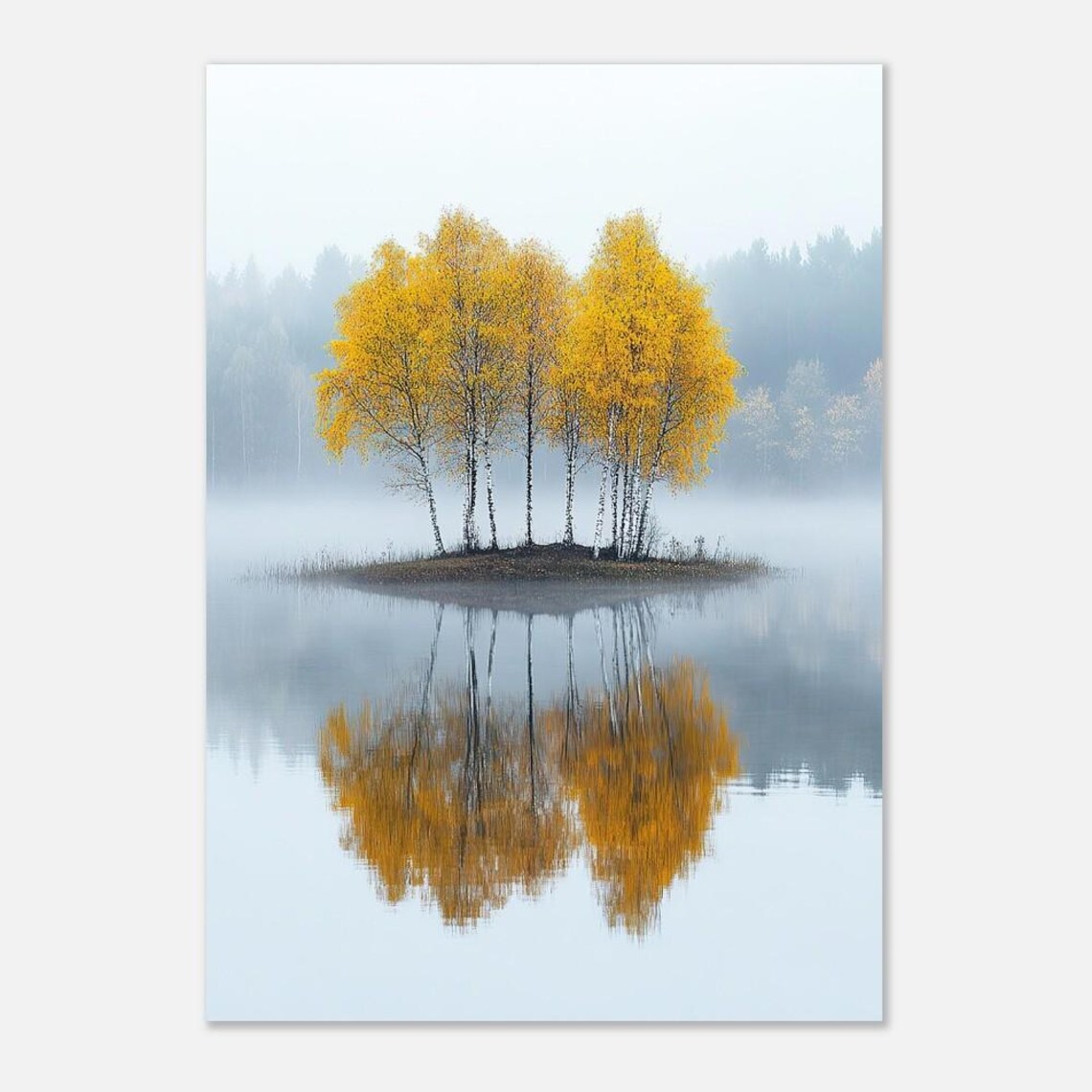 Golden Birch Trees Autumn Poster Misty Lake Reflection Nature Art - Image 2
