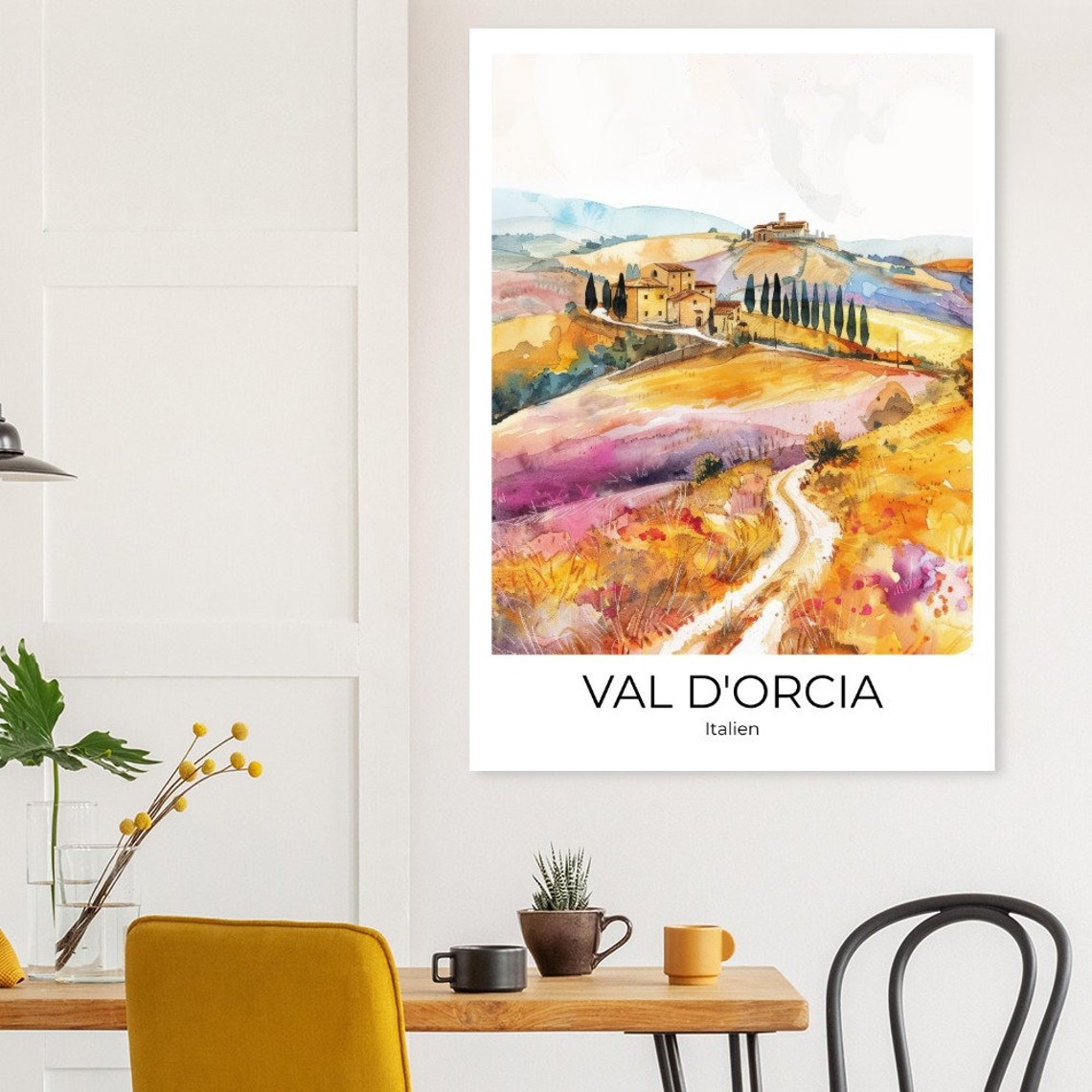 Val d'Orcia Tuscany Watercolor Poster Italy Soft Rolling Hills Art - Image 3