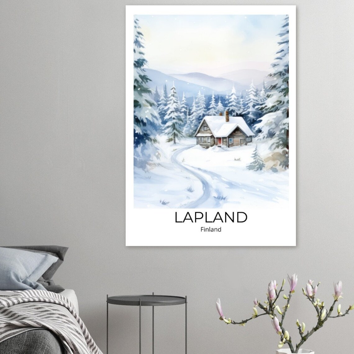 Lapland Finland Snowy Watercolor Winter Cabin Pine Trees Poster - Image 4