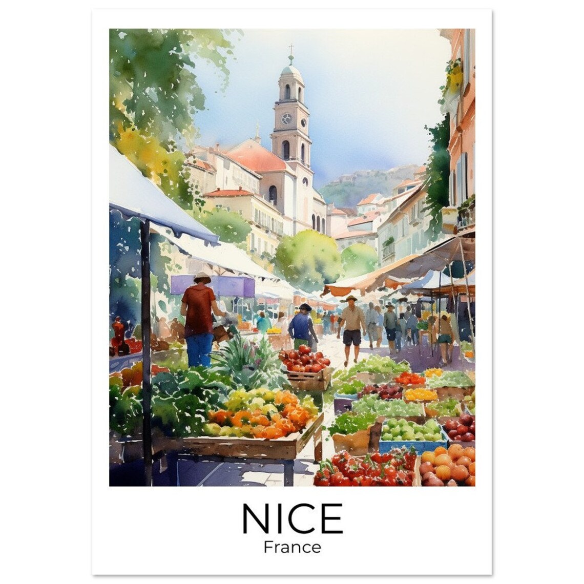 Nice France Watercolor Vegetable Market Beneath Bell Tower Poster - Image 3