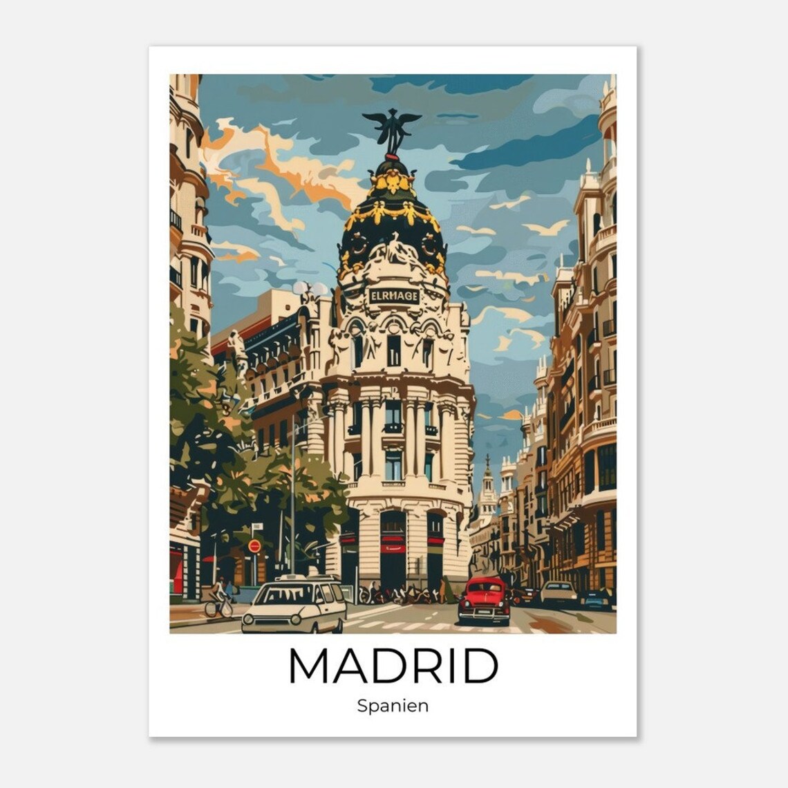 Madrid Vintage Travel Poster Spain City Street Classic Cars Art