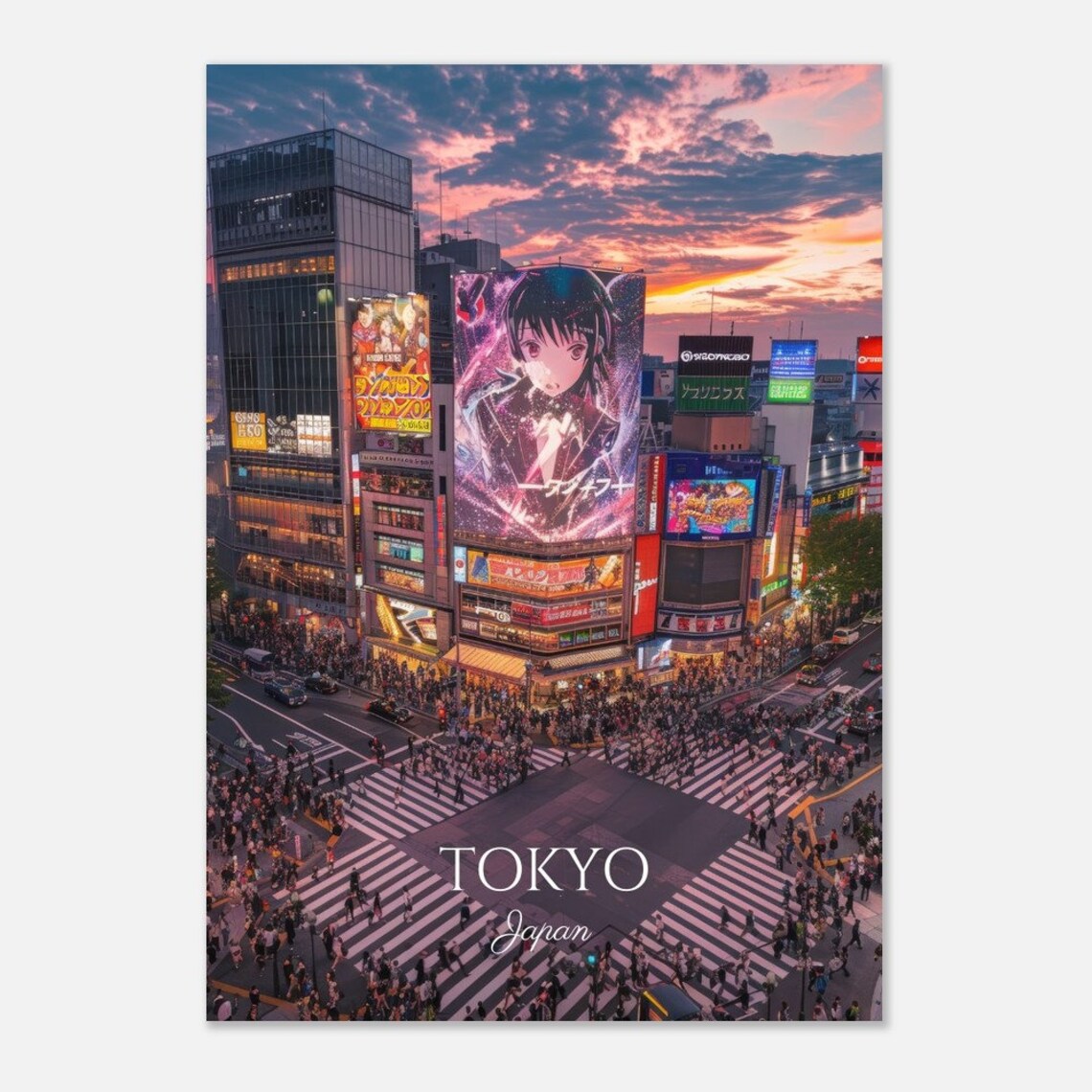 Tokyo Japan Shibuya Crossing at Sunset With Anime Billboards Poster - Image 3