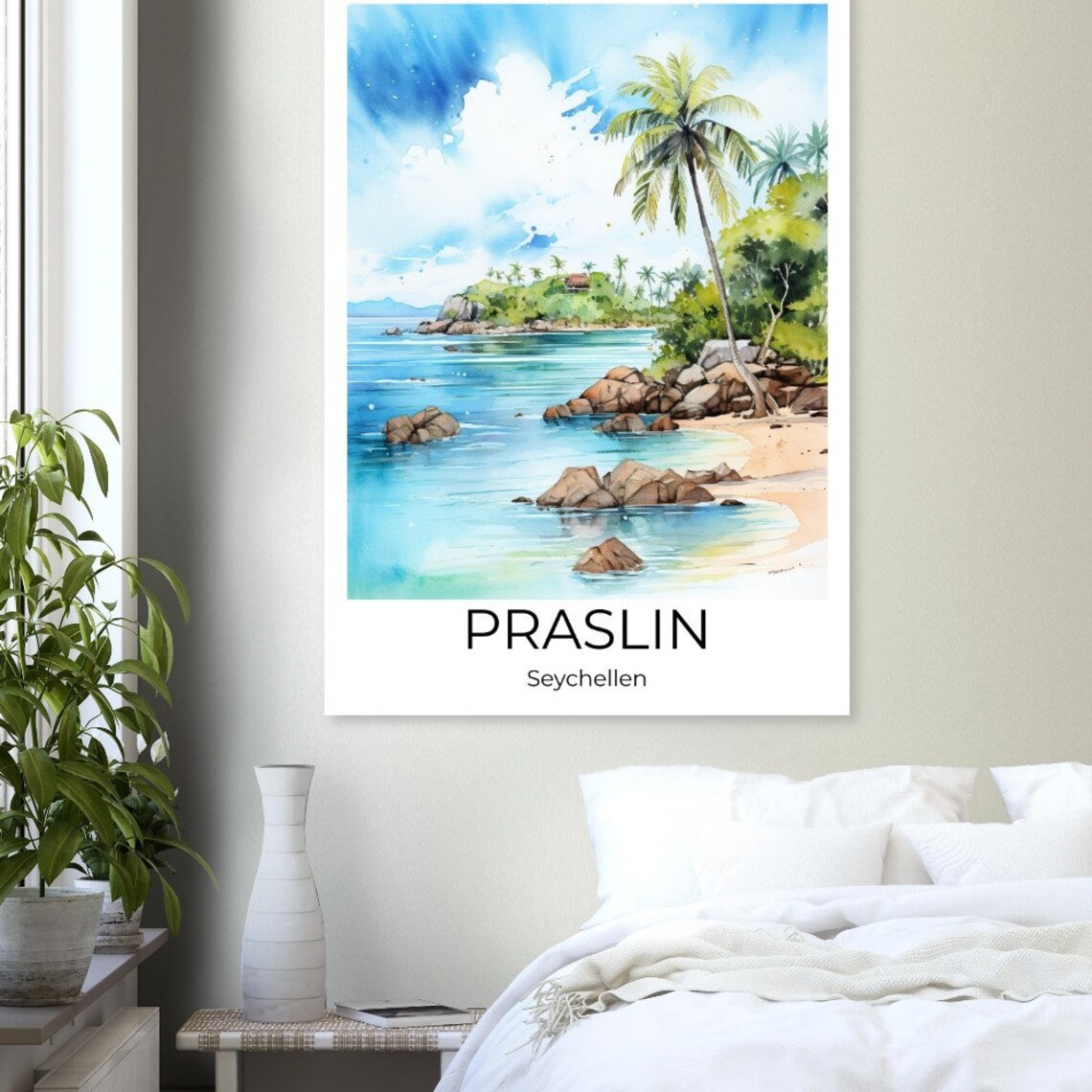 Praslin Seychelles Watercolor Tropical Beach Palm Cove Travel Poster - Image 3