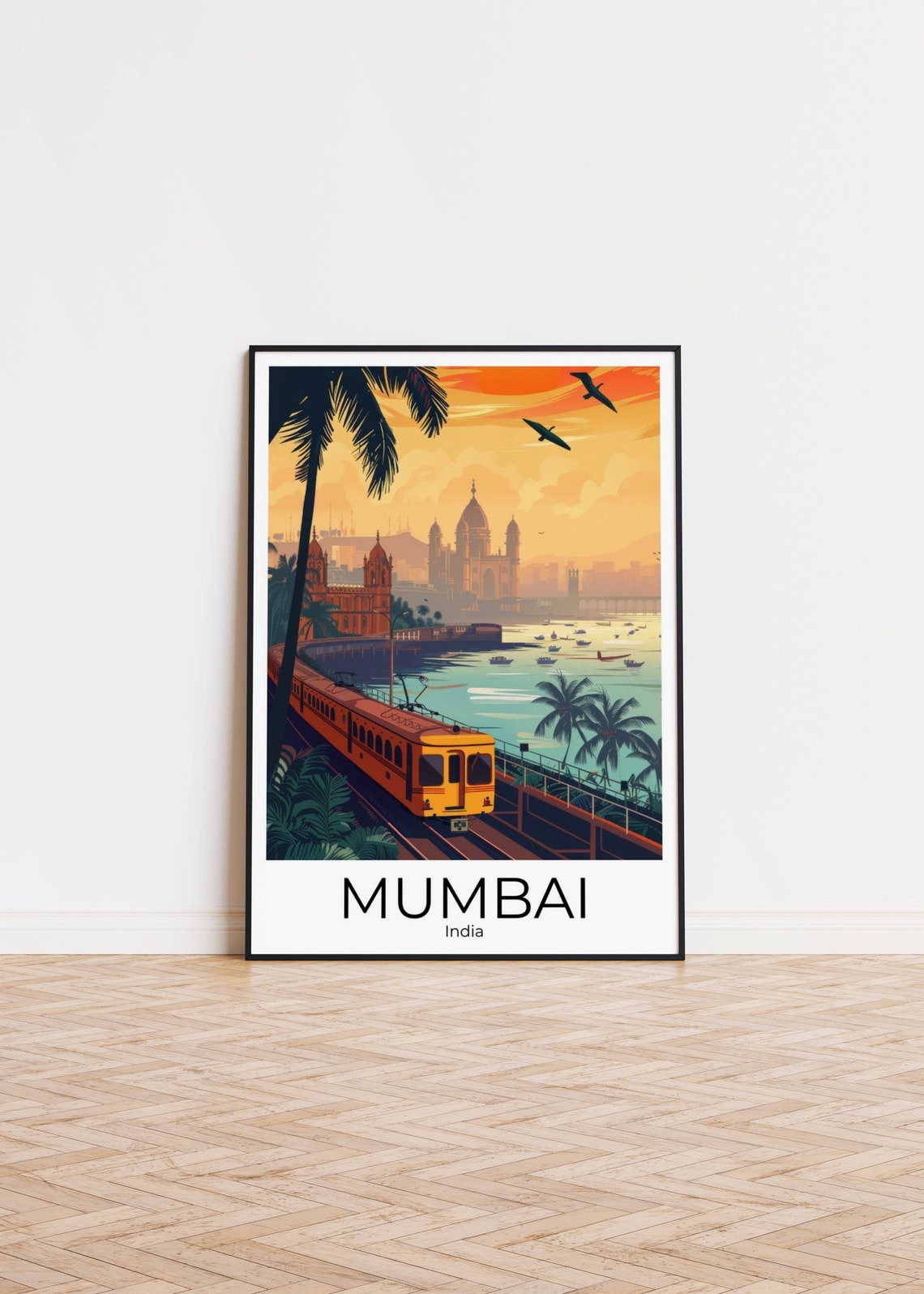 Mumbai India Coastal Train Sunset Palm Harbor Scene Travel Poster - Image 2