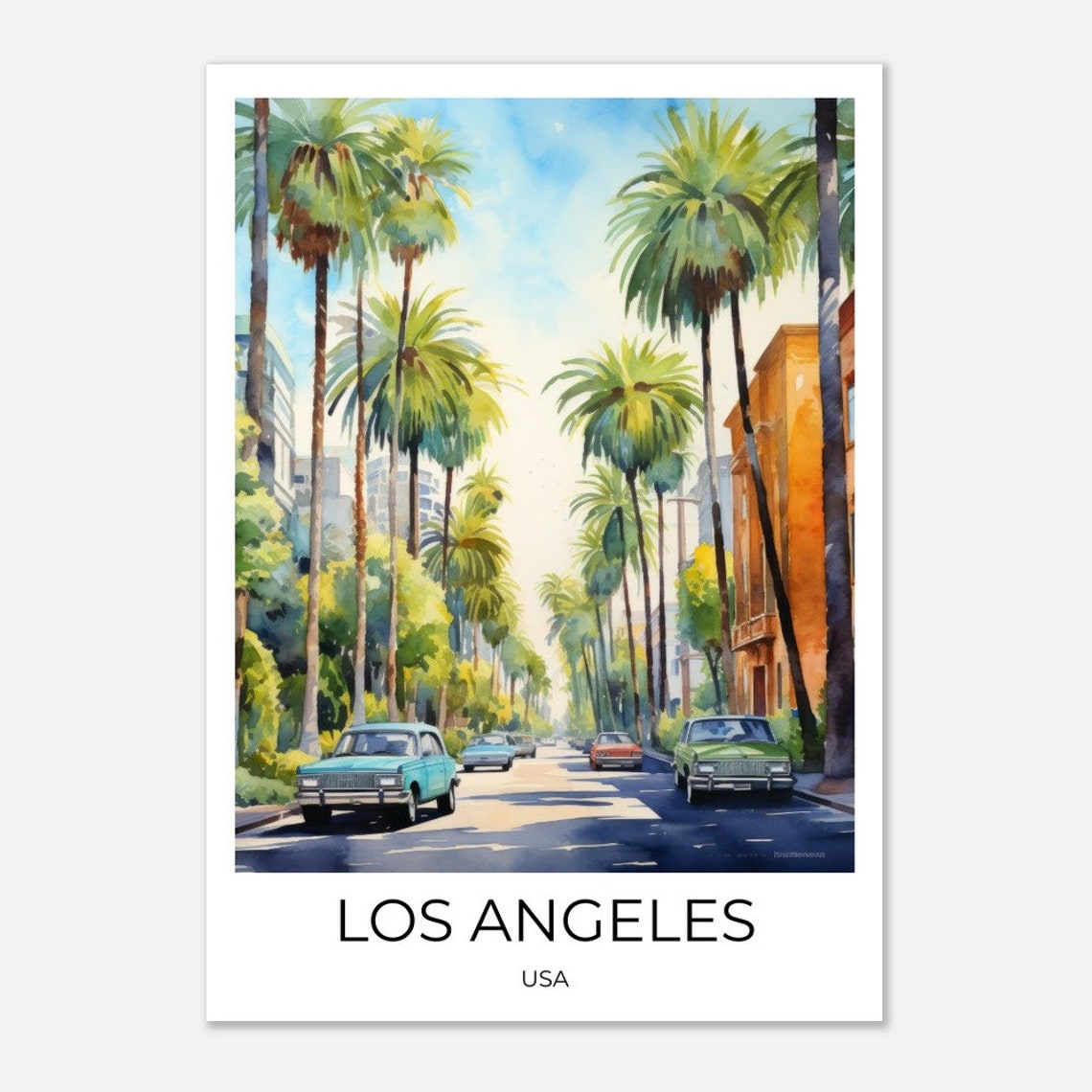 Los Angeles Usa Watercolor Travel Poster Palm Tree Alley Los Angeles Travel Print Los Angeles Poster Los Angeles Poster Lax Souvenir