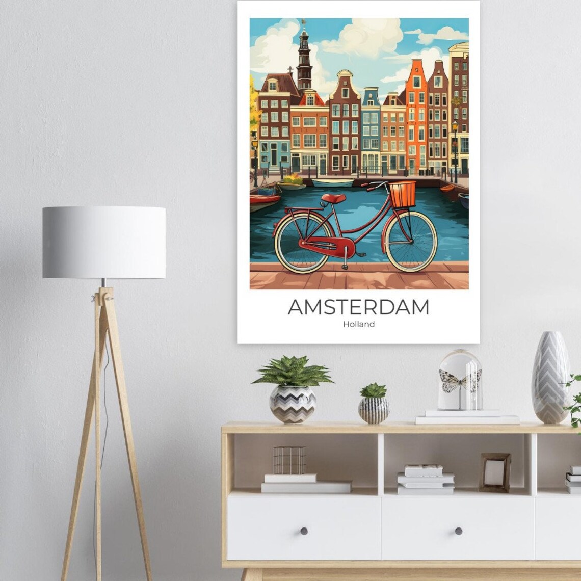 Amsterdam Holland Red Bicycle on Canal With Gabled Houses Poster - Image 2