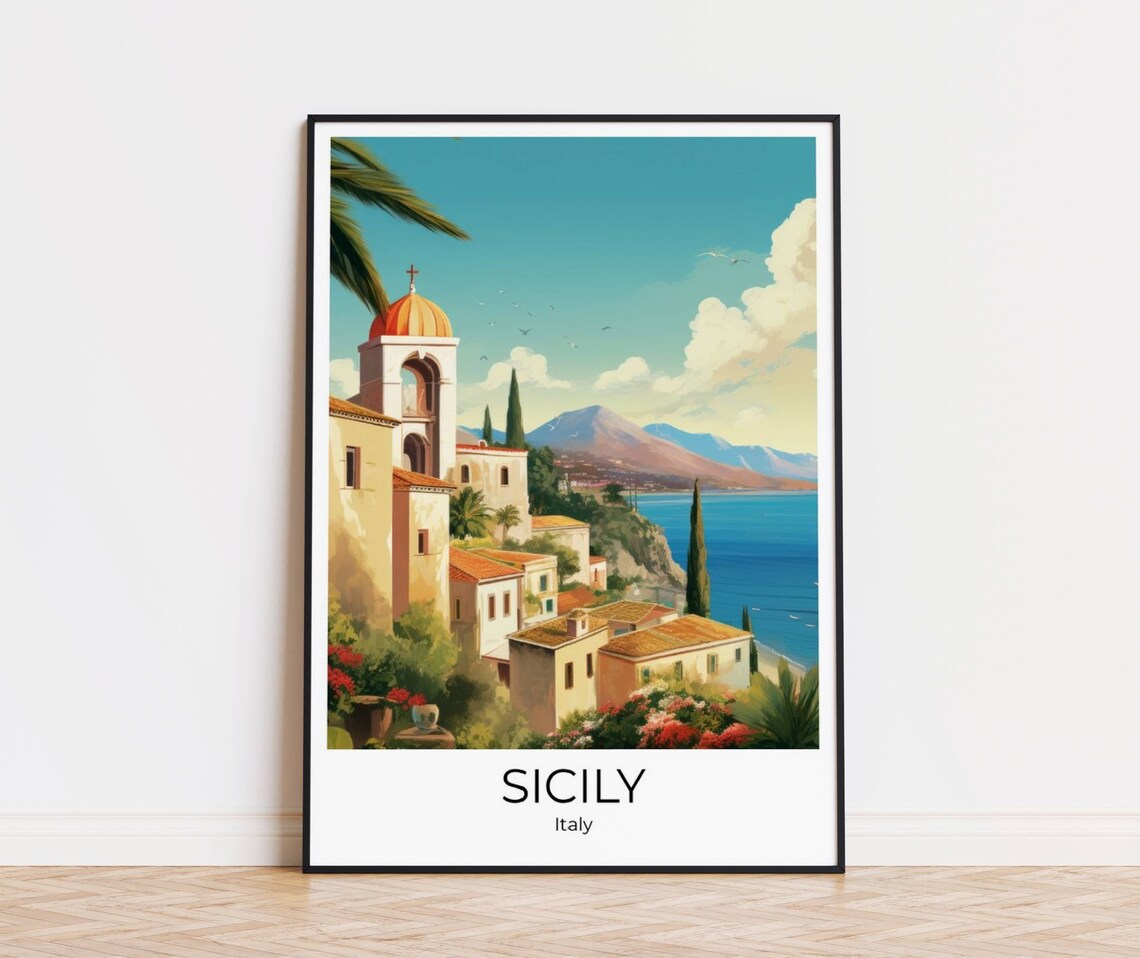 Sicily Italy Coastal Town Orange Dome Church Watercolor Poster