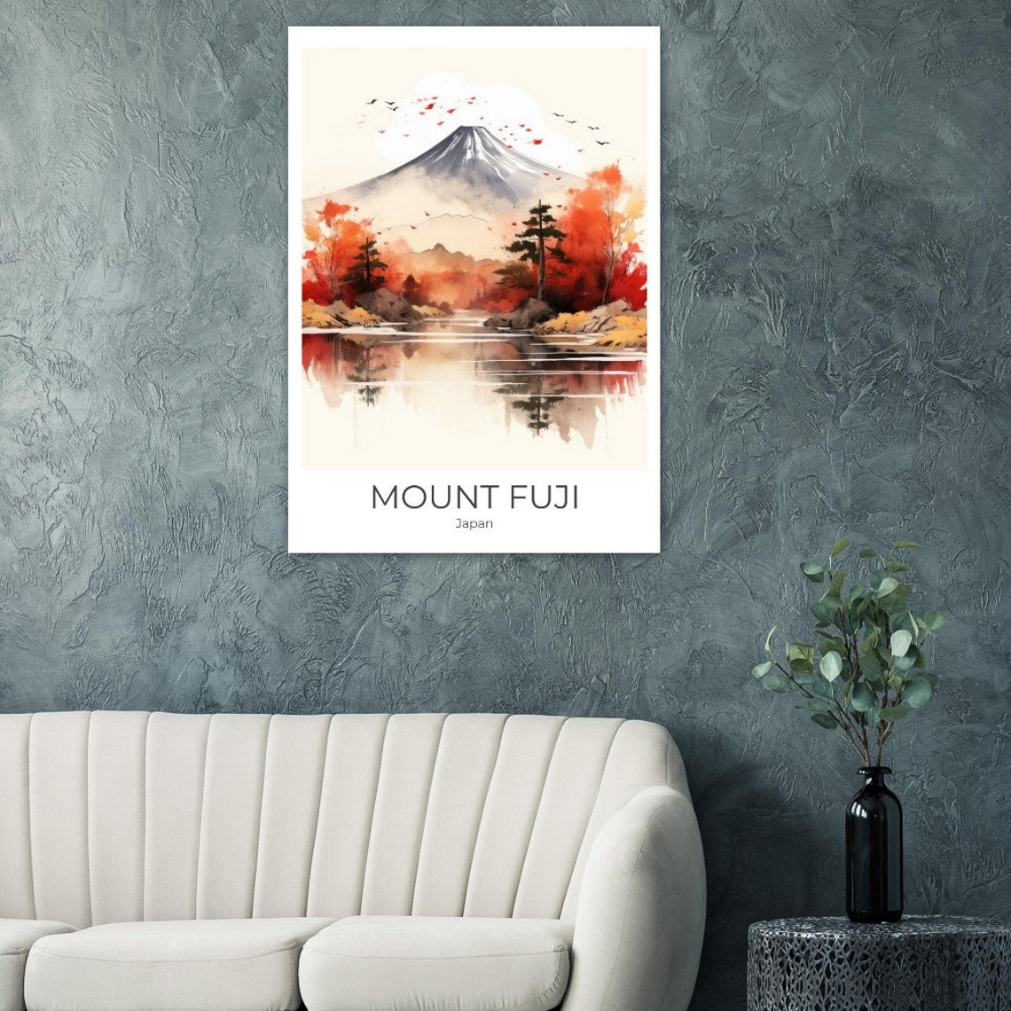 Mount Fuji Japan Autumn Maple Lake Reflection Watercolor Poster - Image 2
