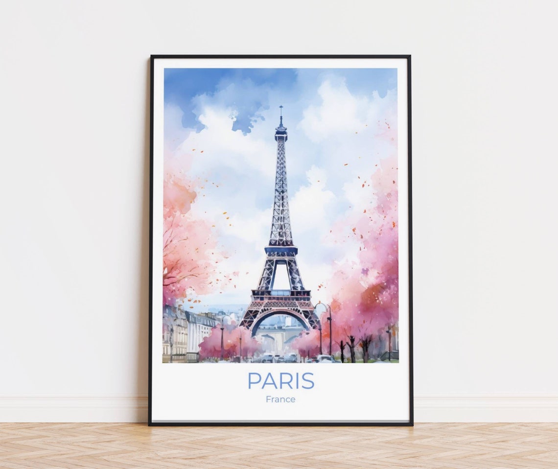 Eiffel Tower Paris Spring Cherry Blossom Watercolor Art Poster