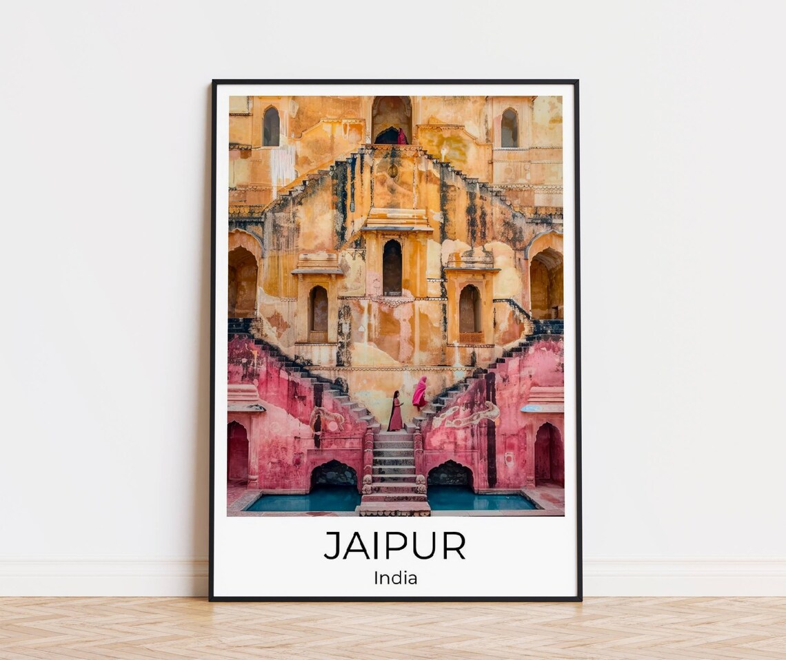 Jaipur Historic Stepwell with Pink Staircase India Travel Poster